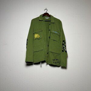 Attic Salt Military Style Graphic Jacket Sz L Punch Today In The Face Green